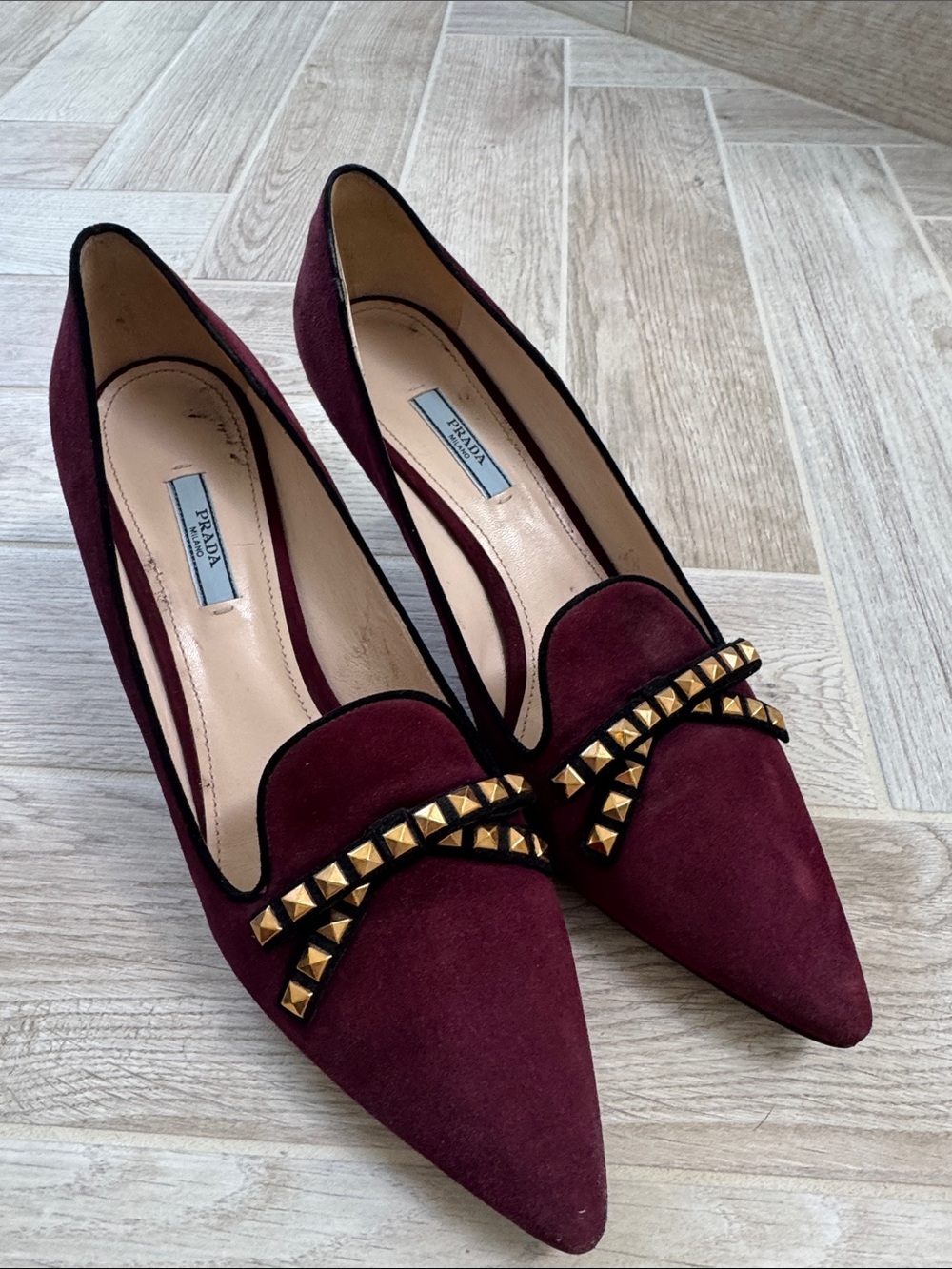 Prada Burgundy Suede Pointed-Toe Studded heels